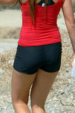 Amanda Bynes in red top and tight short pantis shows her ass and legs hiking at Runyon Canyon Park